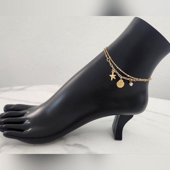Gold Beach Starfish, Shell & Crystal Accent Charm Anklet Bracelet - Picture 3 of 10